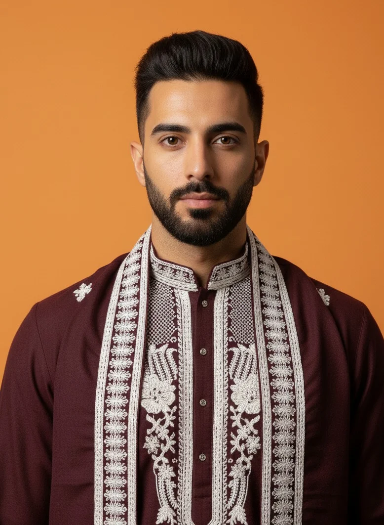 Lehar Men’s Maroon Festive Kurta Set with Intricate Silver Resham Embroidery and Matching Stole